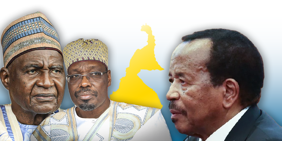 Photo montrant Issa Tchiroma, Bello Bouba Maïgari et paul biya avec la partie septentrionale du Cameroun en fond