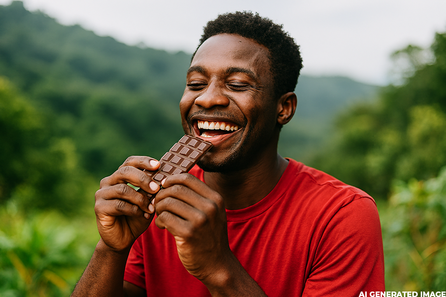 Jeune camerounais mange du chocolat